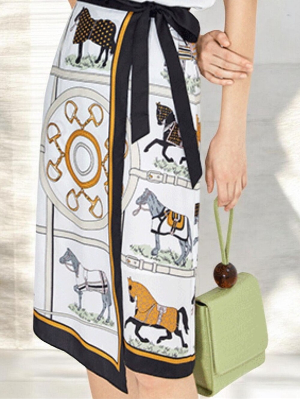 Korean Designer Asymmetrical Horse-Print Midi Wrap Skirt with Black Tie Waist